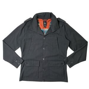 Kane & Unke Jacket Mens L Large Gray Utility Military Hidden Hood Epaulettes